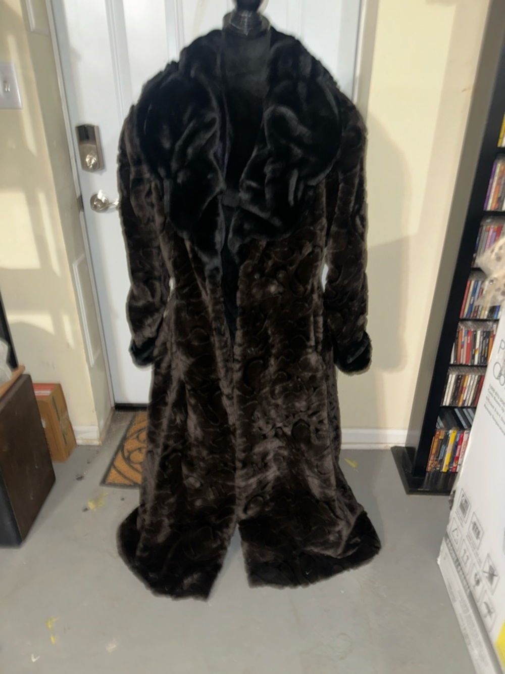 Women's Long Black Faux Fur Trench Coat with Shawl Collar